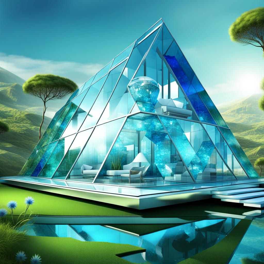 a glass house, transparent, you can see the interior and the very modern furniture, ultra-modern design, ...  by @Neromagenta