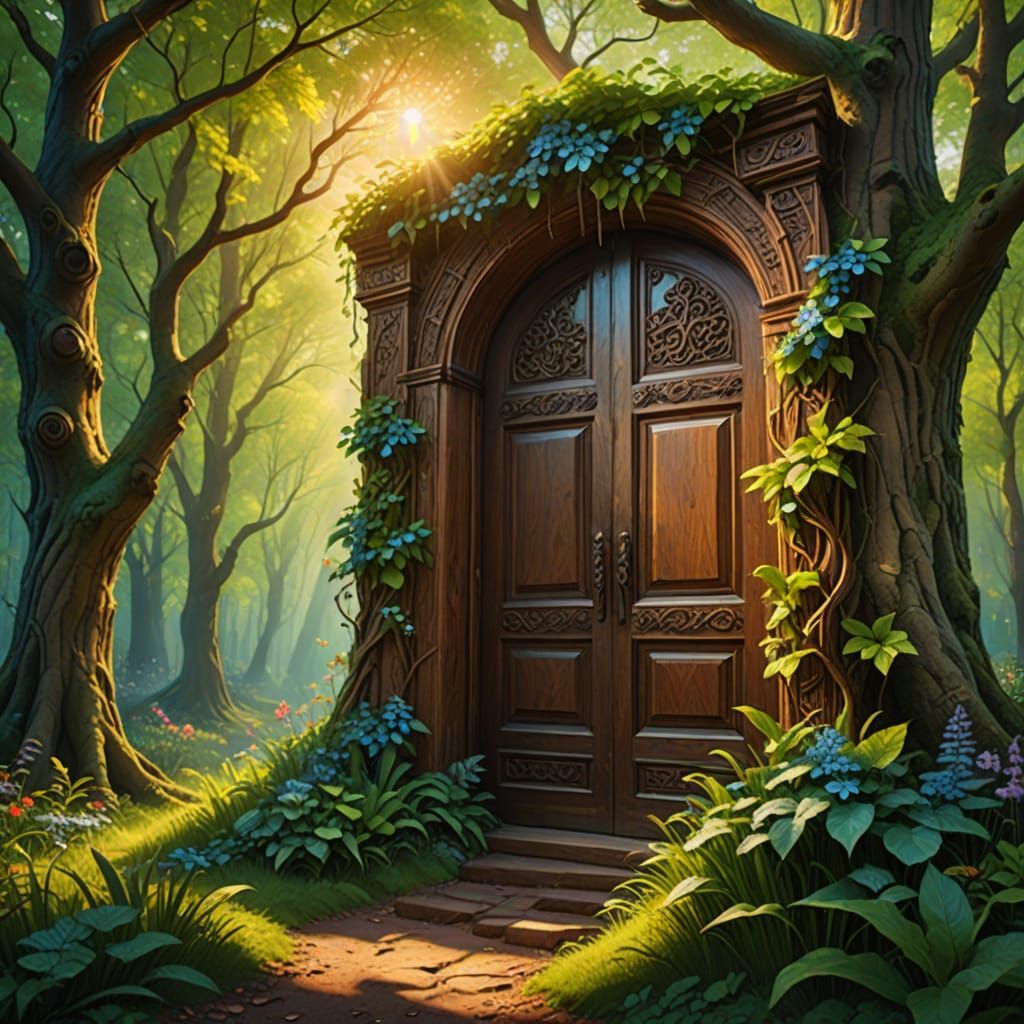 a double-leaf carved wooden door in the middle of a magical, spring forest  by @Medi