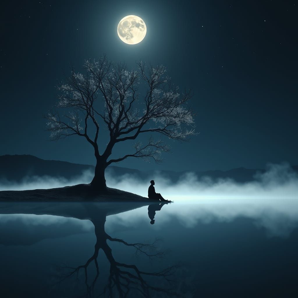 In a night with a glowing full moon a lone man sitting under a tree near a calm lake.  by @mgafner