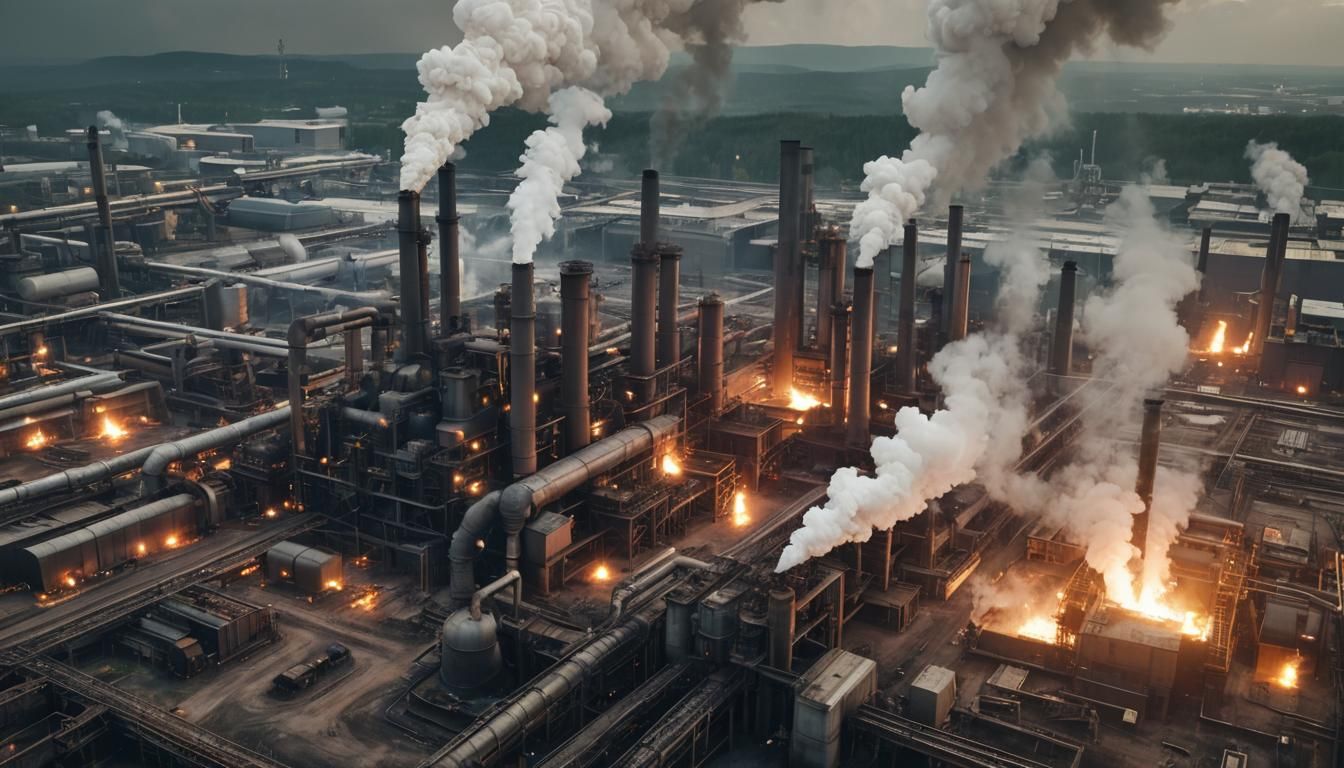 A cinematic, ultrahighdefinition image of an industrial complex