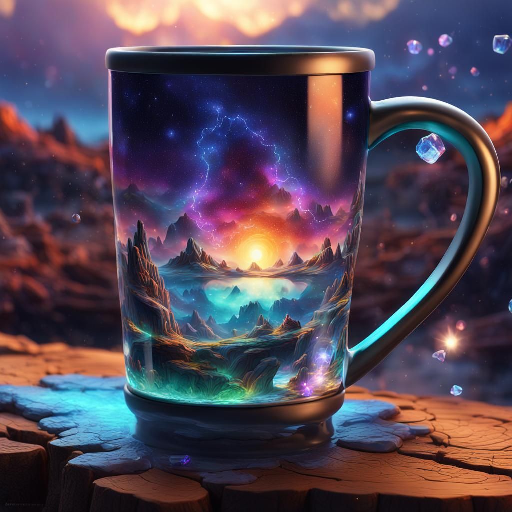 In stunning night landscape, a beautiful crystal coffee mug