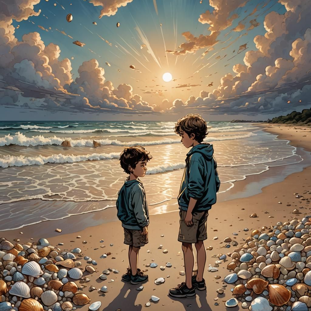 Sad Boy on Beach in Comic Book Style