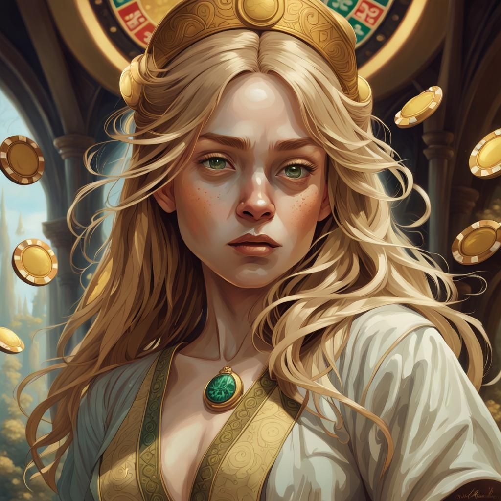 A modest halfling woman with long golden hair. She has casino chips ...