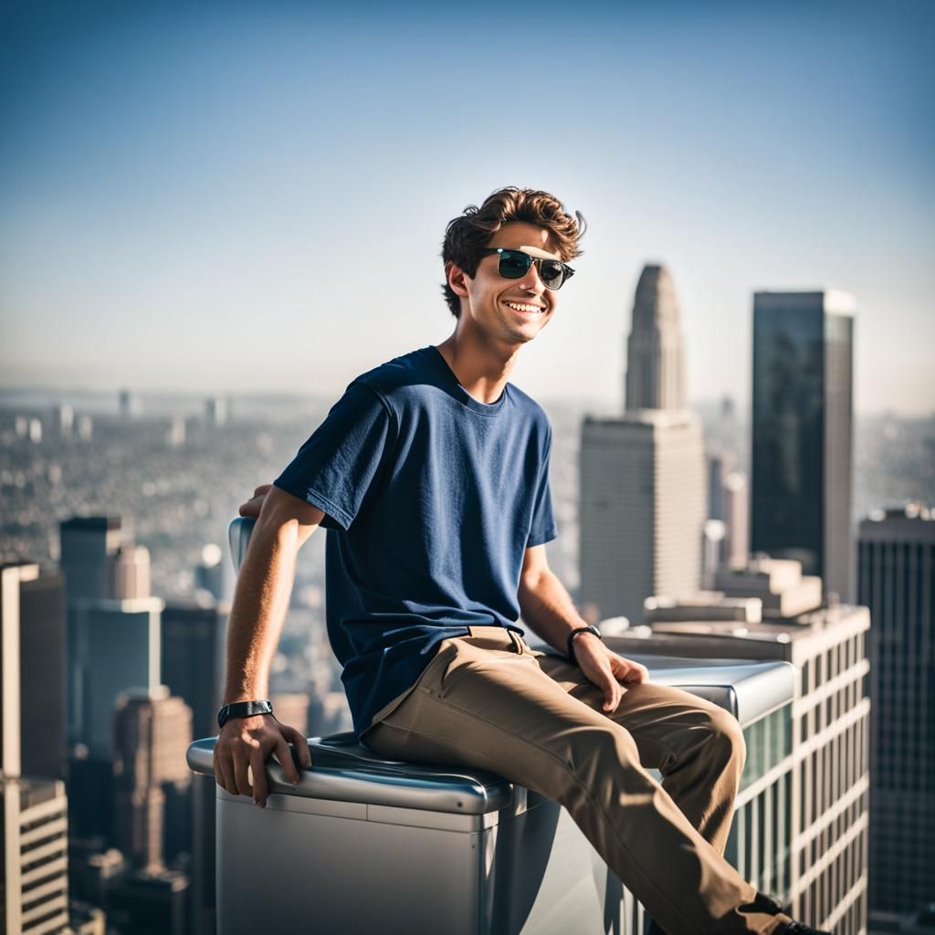 There is a teenage guy sitting on a chair top of a skyscreaper in LA's financial district. He is wearing sunglasses, he is smiling.