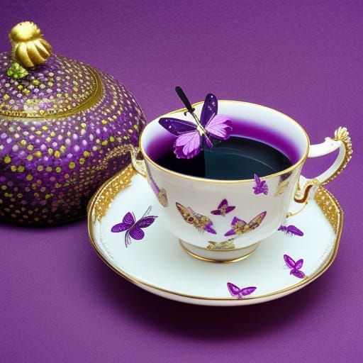Beautiful perfect Purple butterfly on a purple ornate tea cup   by @Fun Guy