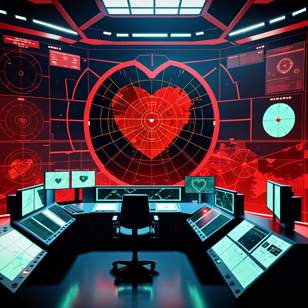 A heart-shaped radar screen analyzing a red map in a sci-fi ...