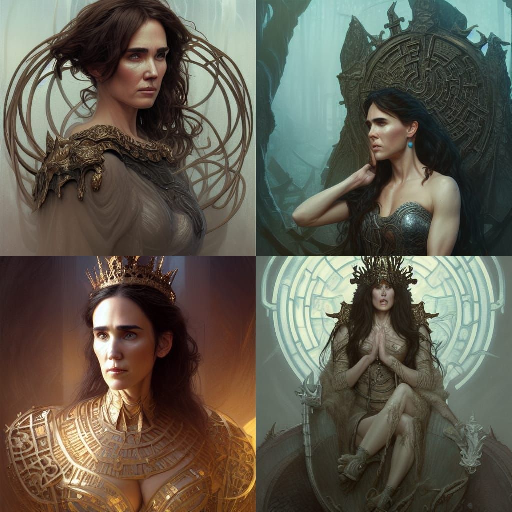 Jennifer Connelly as the Queen of Goblins, in her throne of ...