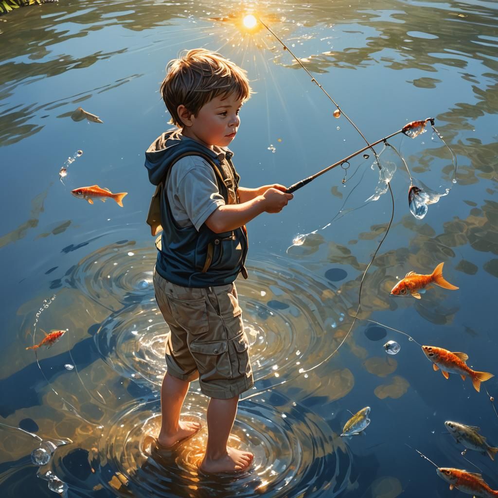 A little boy fishing in a crystal lake with a blue sky and a...
