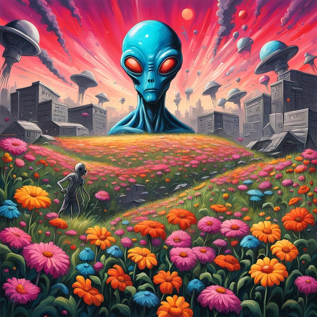 Alien invading a field of beautiful flowers while an atomic ...