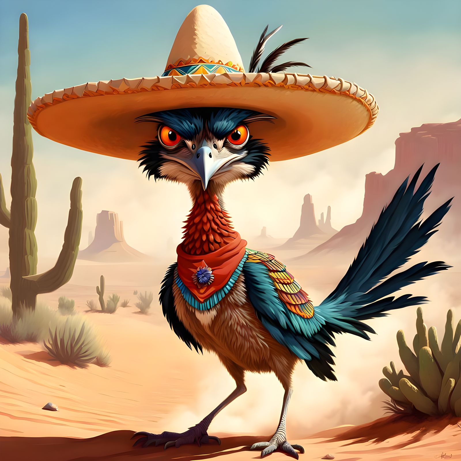 Roadrunner in a sombrero in the desert seeing a mirage, oil gouache, acrylic, high contrast, colorful ...  by @KiN