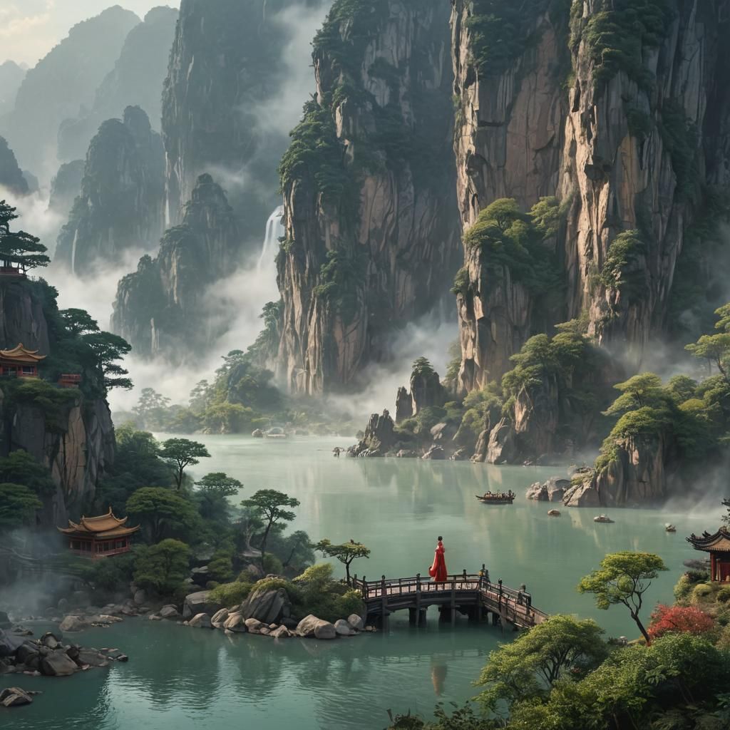 Cao Zhi and Luo River Goddess in Ink Wash Style