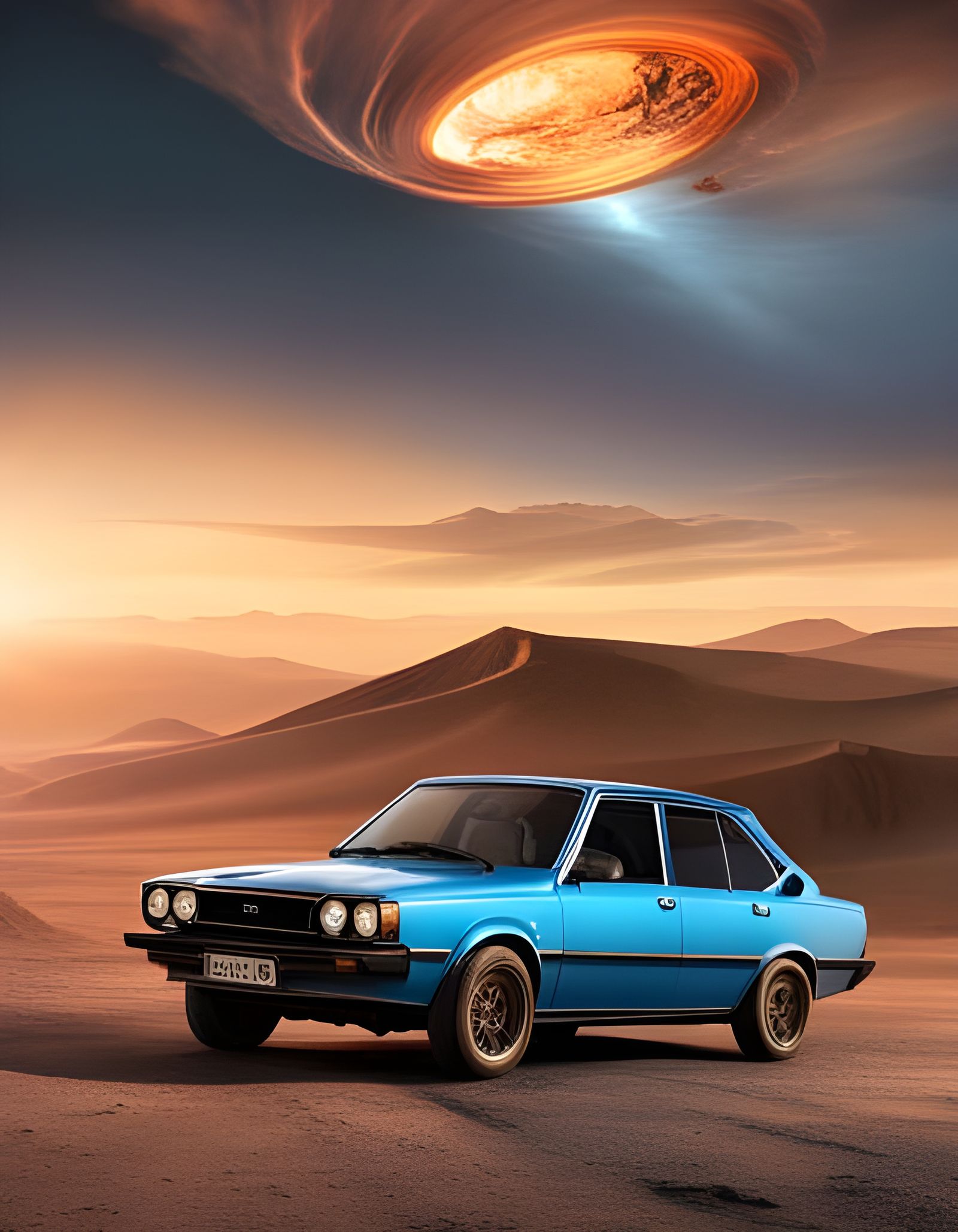 Toyota Corolla with crushed front, in a volcanic desert and ...