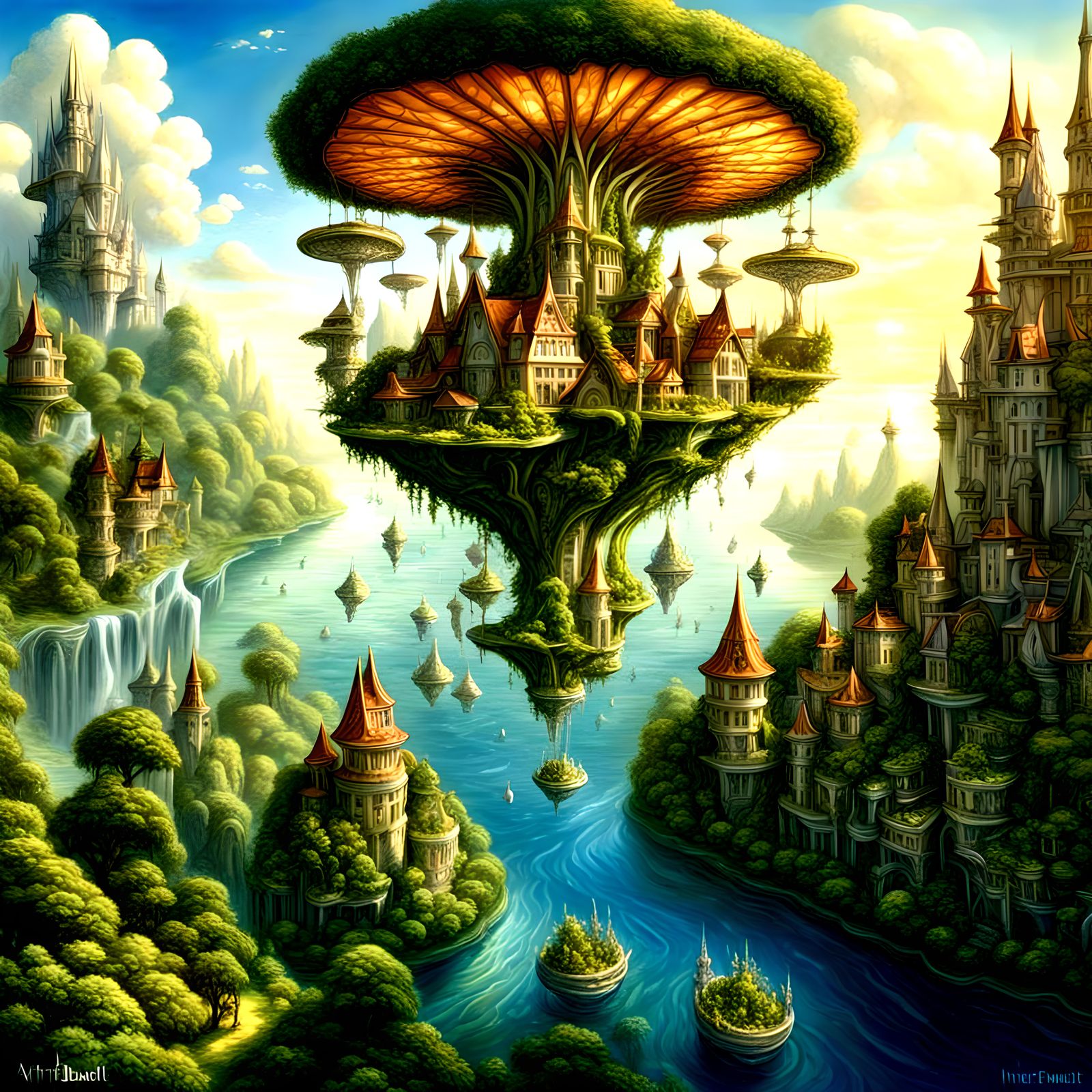 Beautiful fantastical fantasy fairy island,  floating high in the air  by @Taralie