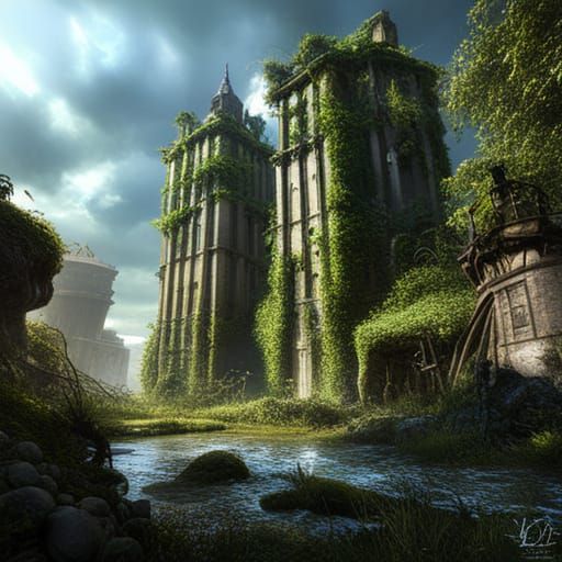 Broken down twin towers building overhrown with vines