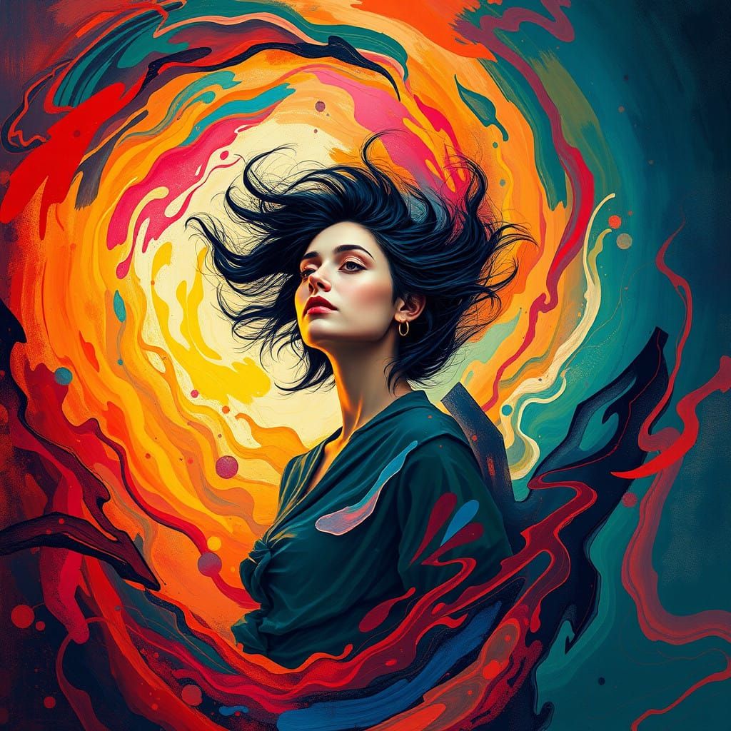 Surrealist Dreamscapes: Woman in Vibrant Color Vortex
