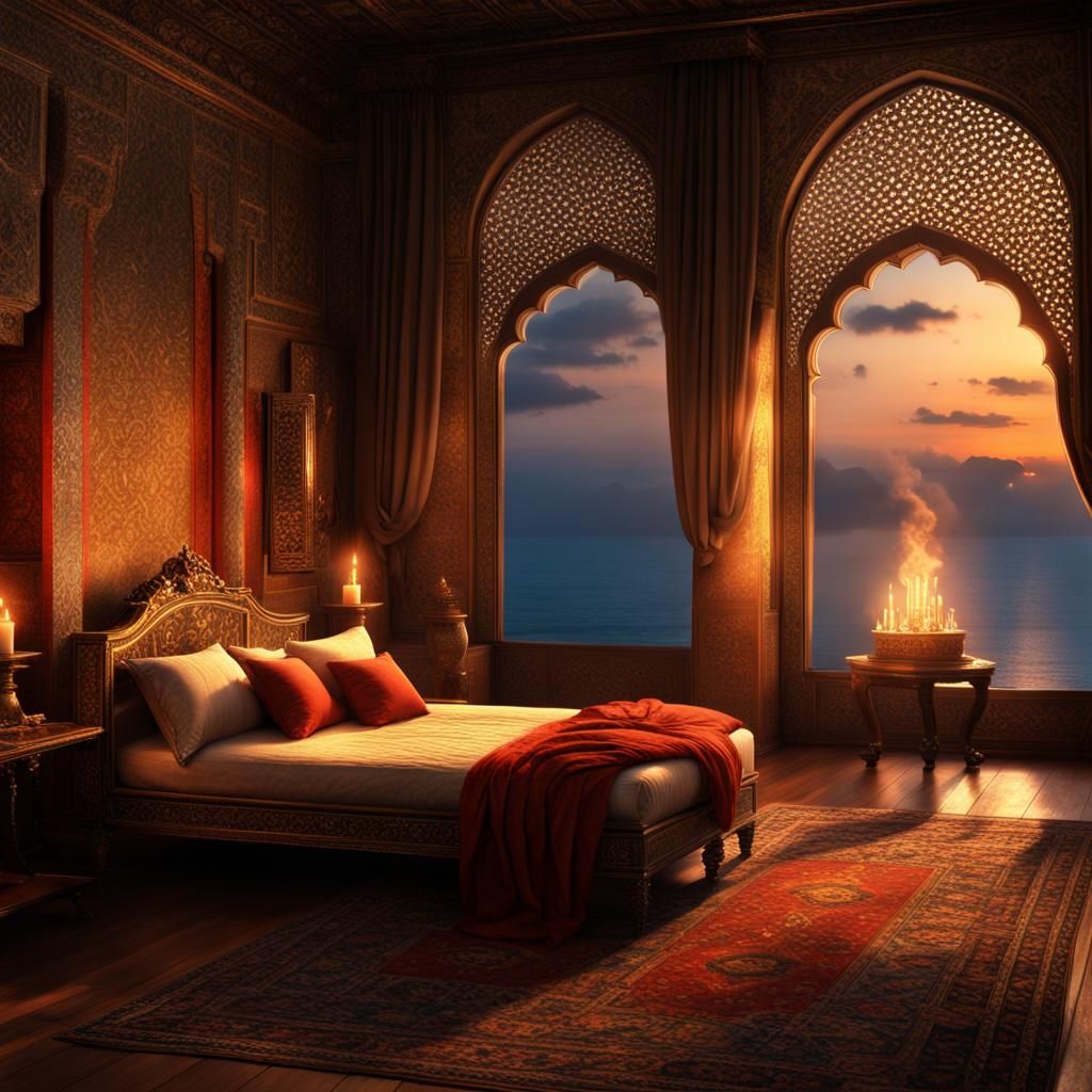 16th century ottoman empire bedchamber. fireplace. candlelig...
