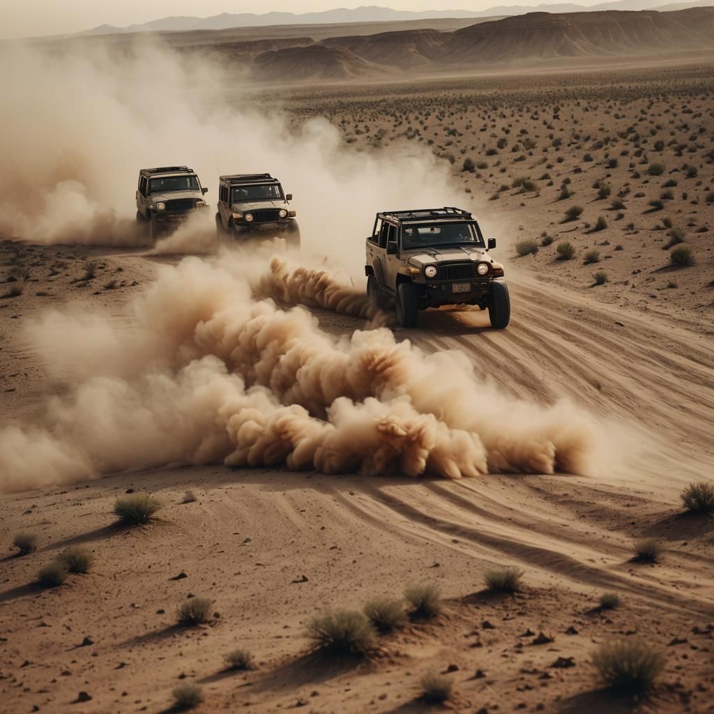 Jeeps Racing in Desert Dust Storm at Sunset