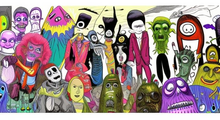 A group of aliens, ghosts, ghouls, misfits, monsters, and bo...