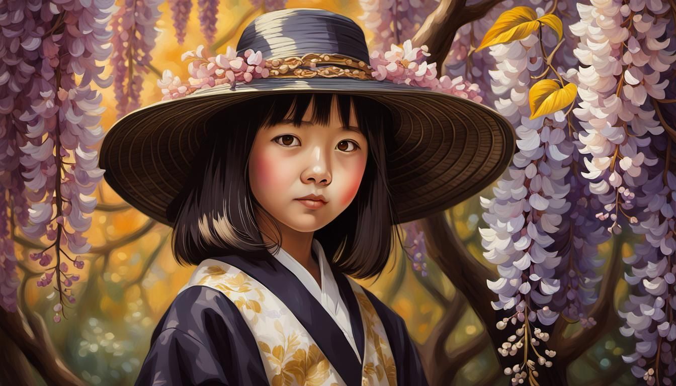 an oil painting of a realistic beautiful young Japanese girl 8 years ...
