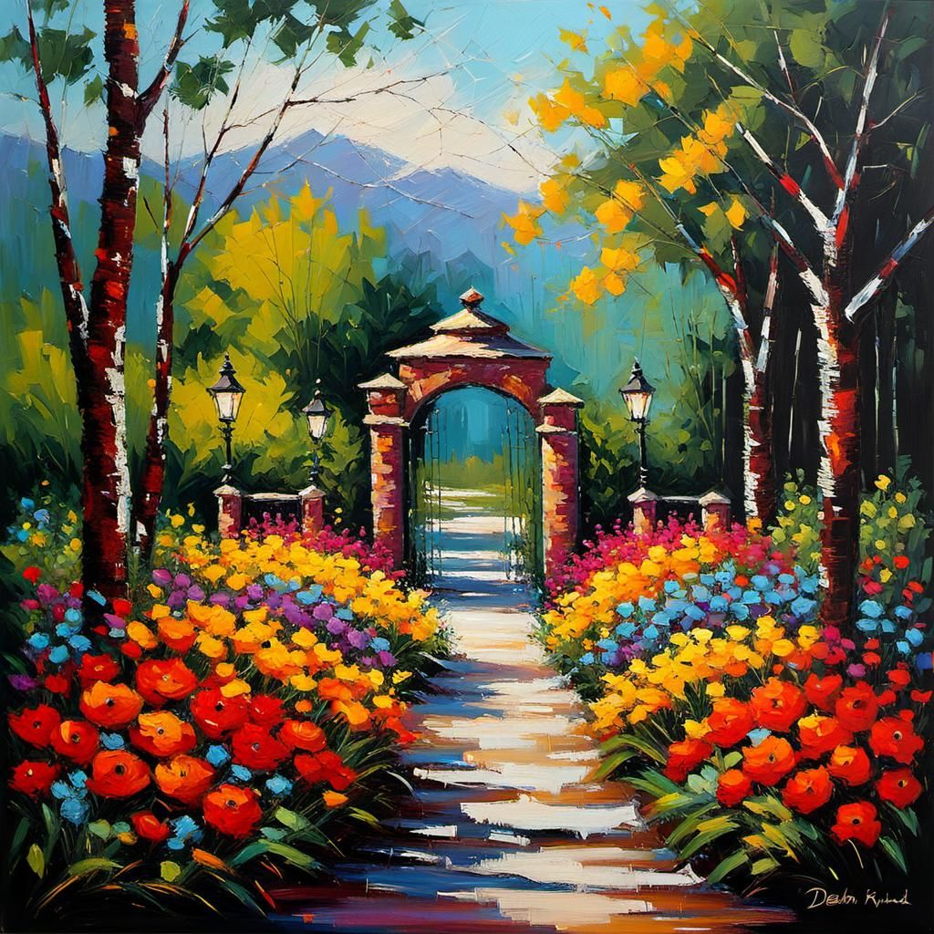 Tachismic entrance behind a lot of flowers
