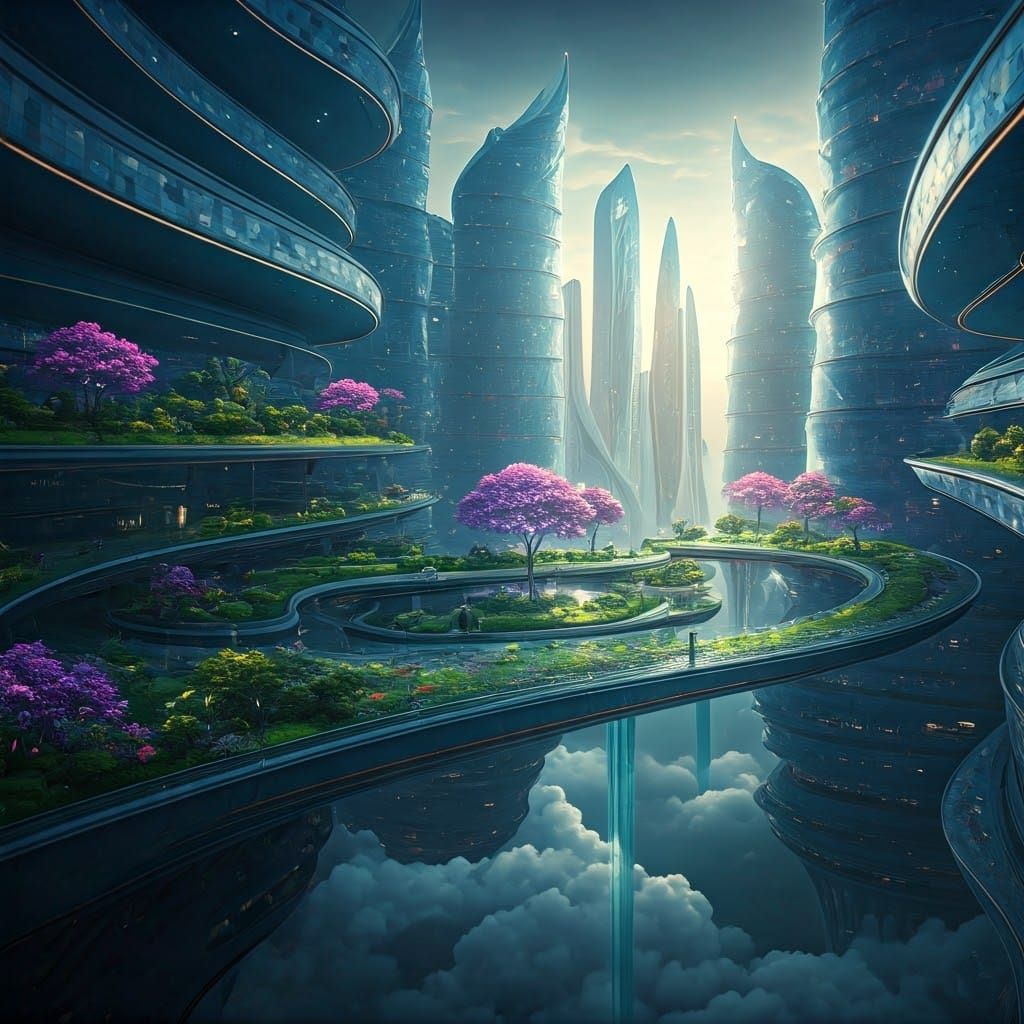 Utopian Cityscape in Mid-Air with Crystal Skyscrapers and Lu...