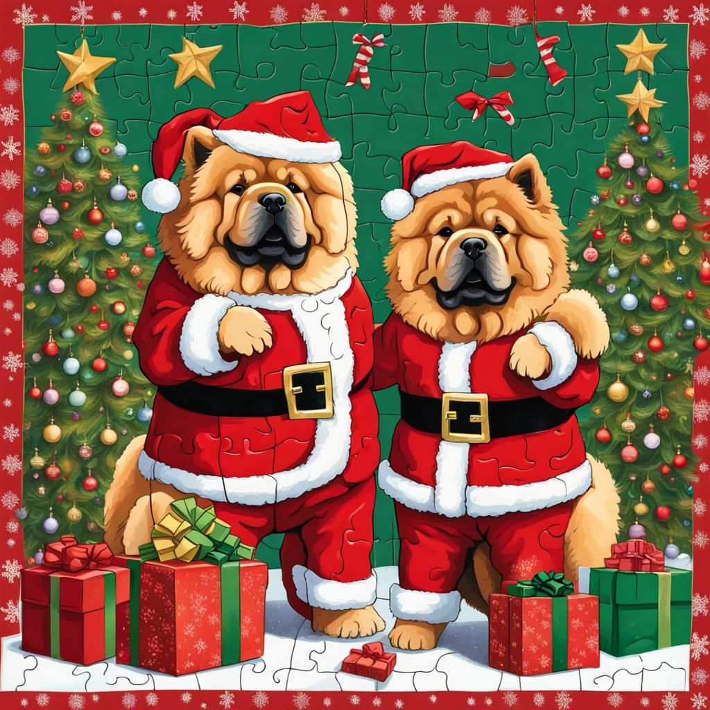 Puzzle Piece art of chow chow dogs dressed in Santa Claus suits by a Christmas tree full of presents ...  by @MsRenae 
