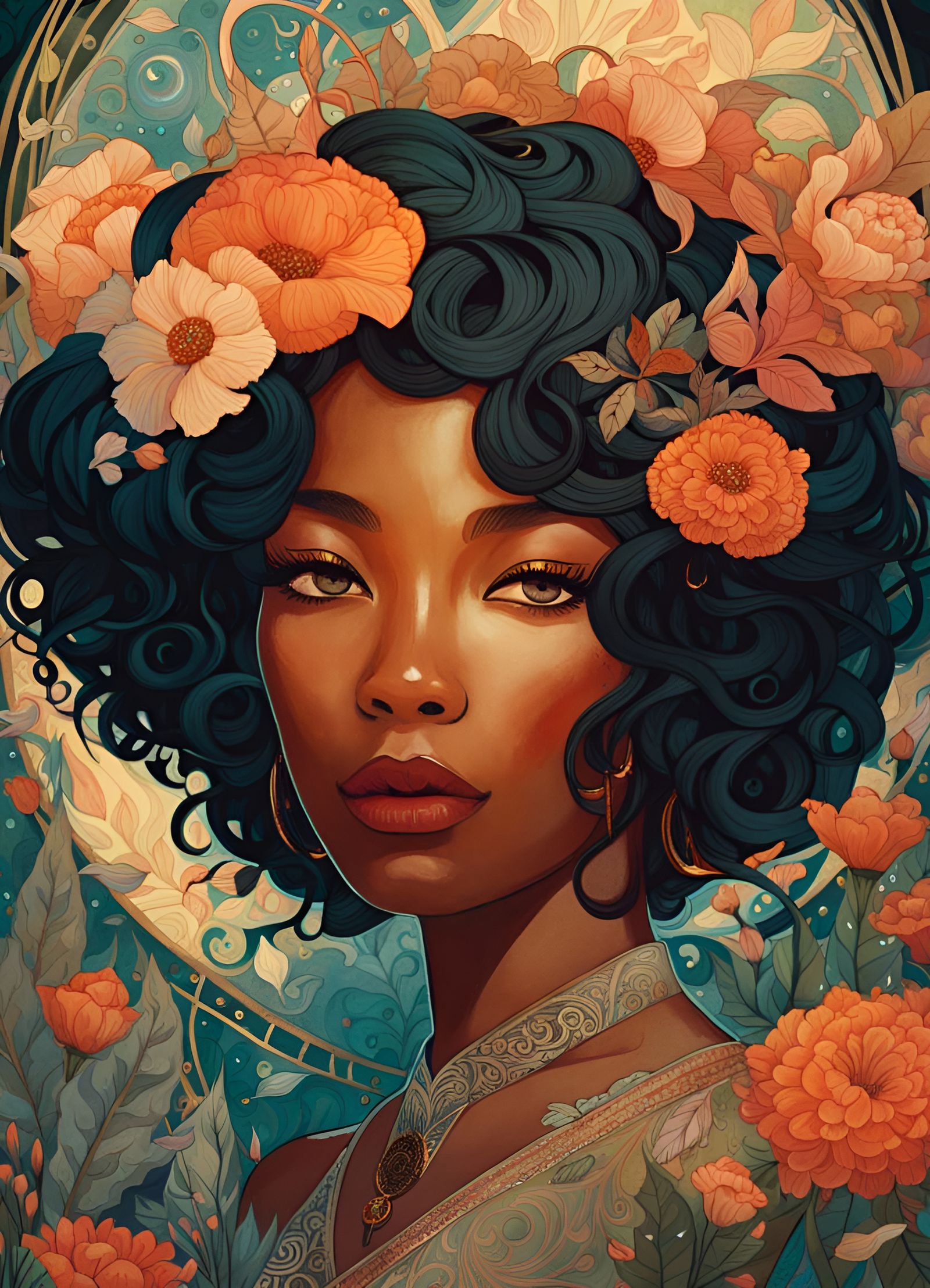 Portrait of a beautiful Fantasy Ebony girl surrounded by flowers by ...