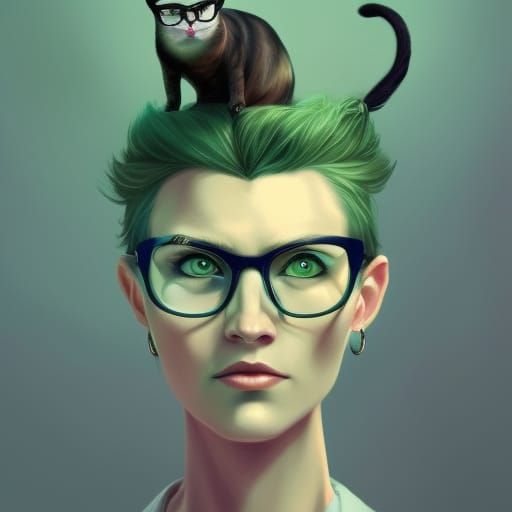 hipster older woman with hair in a bun green eyes and cat eye glasses
