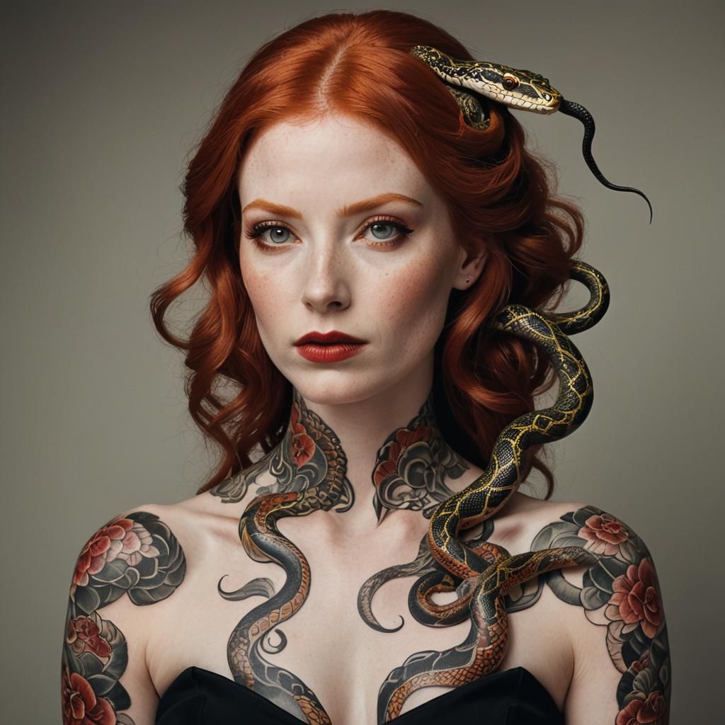 red head Woman with a snake tatoo, that become real