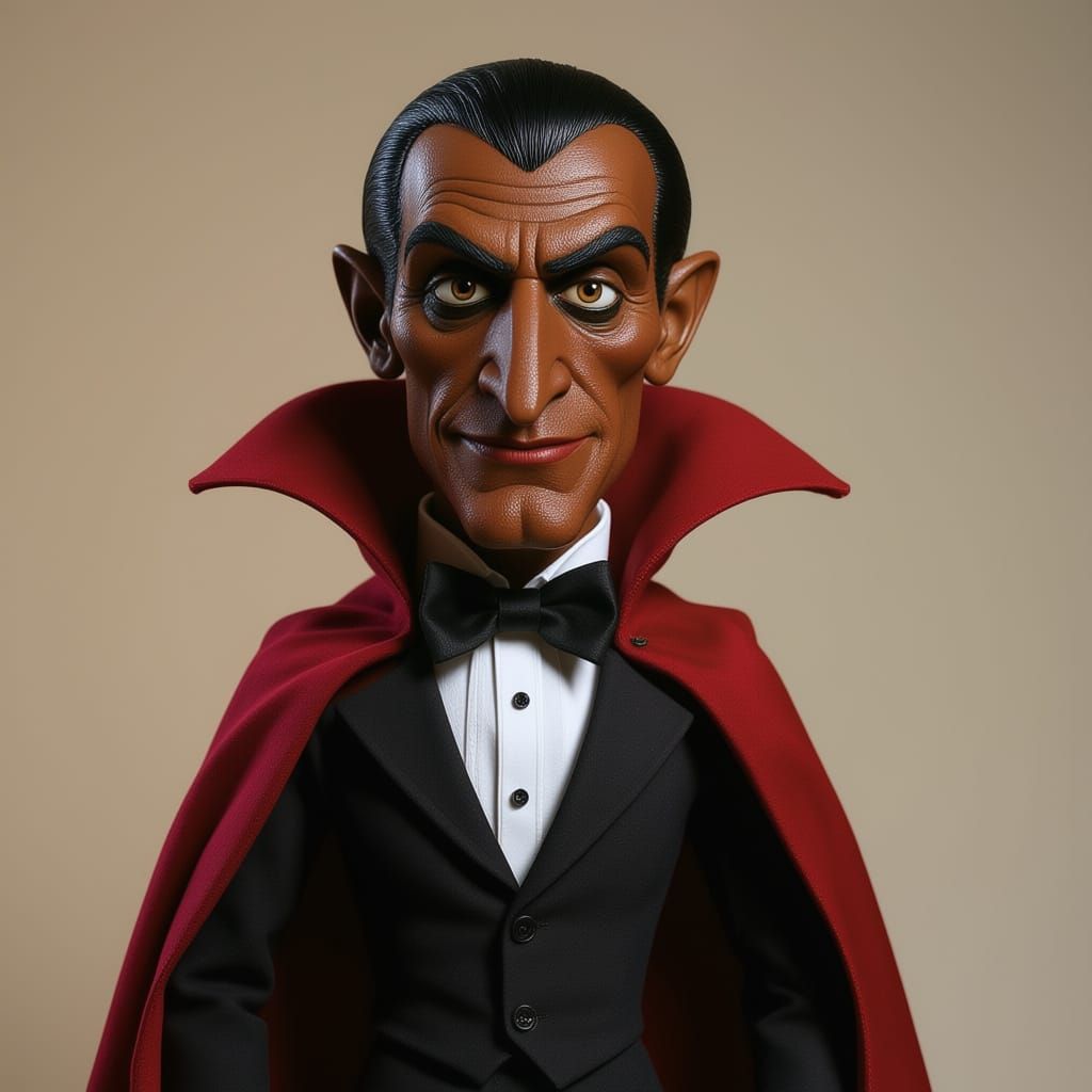 A dark skinned dracula realistic looking puppet with a dark red cape and a black bowtie