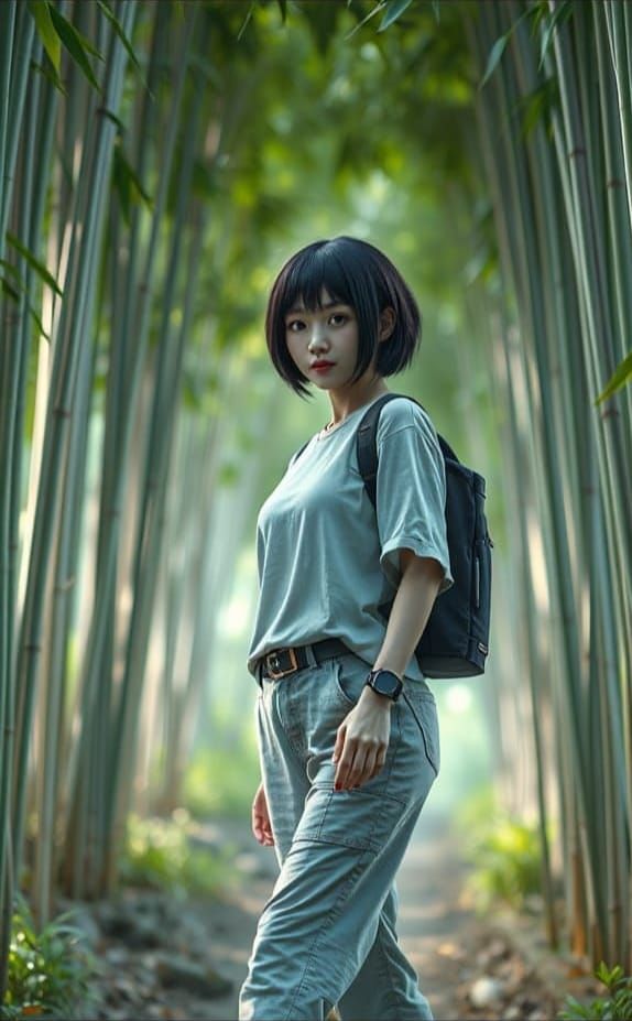 Futuristic Thai Woman in Serene Bamboo Garden