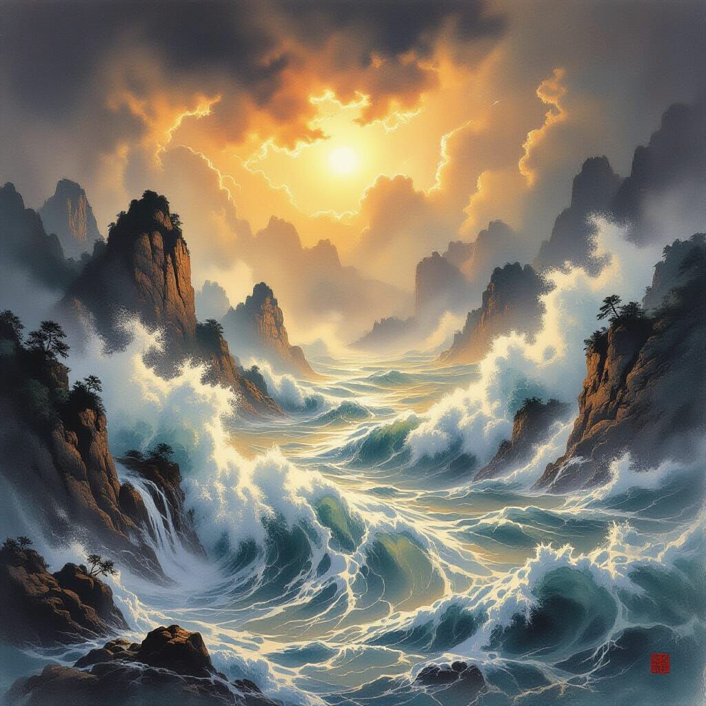 Epic Yangtze River Flood in Ink Wash Style