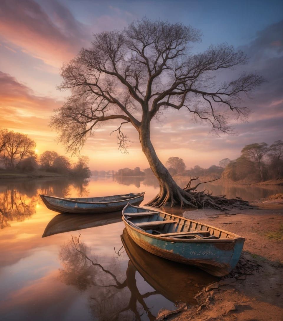 Tree, Boats and Sunset