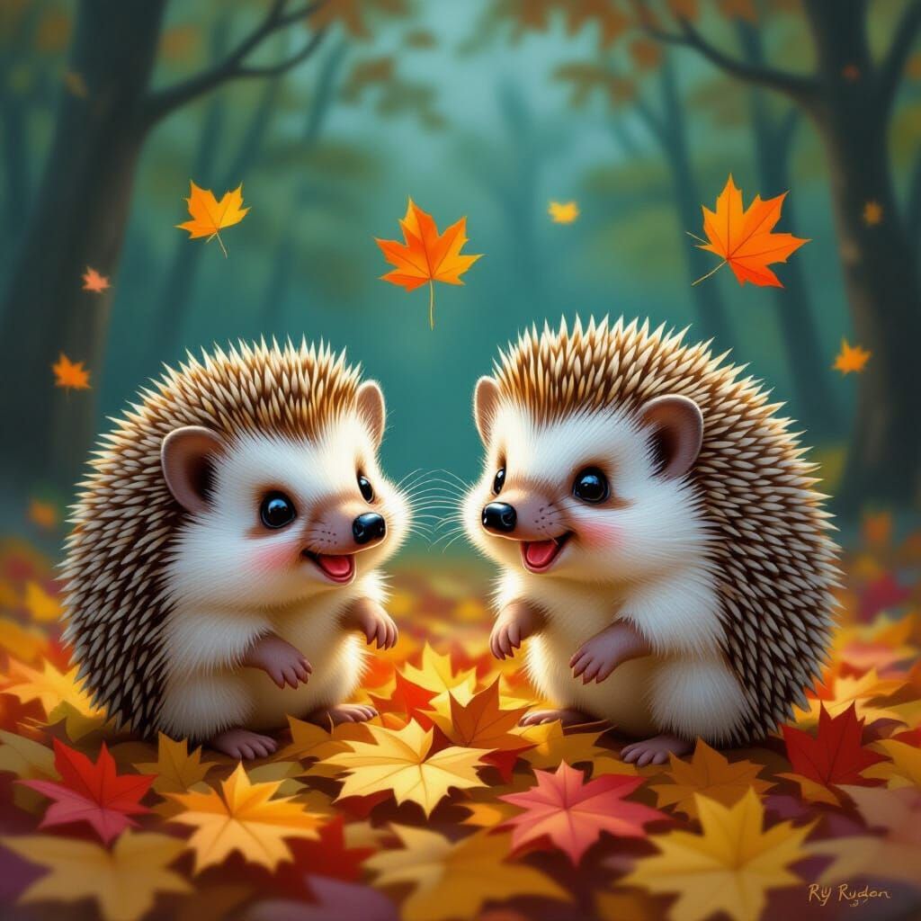Cute hedgehogs playing in autumn leaves  by @nonaivo