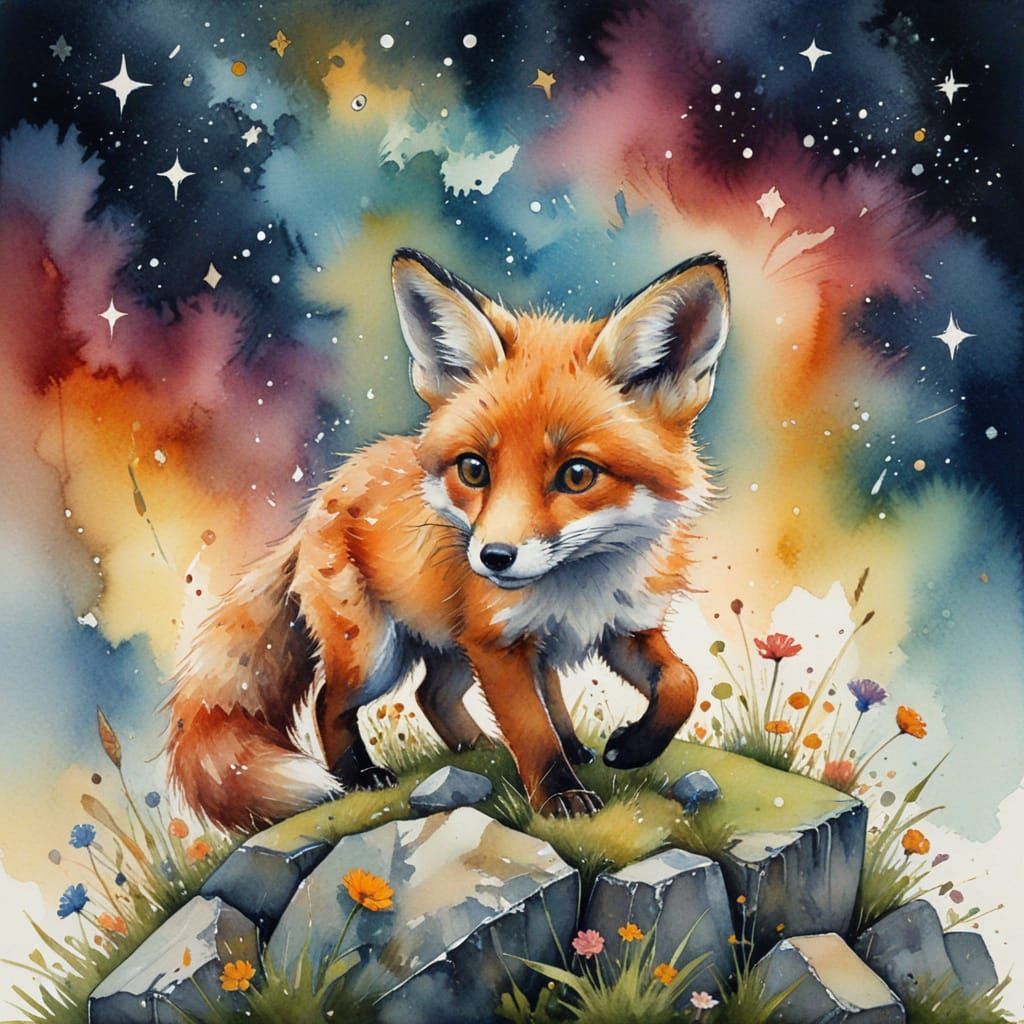 Fox Cub Leaping Under Starry Night Sky