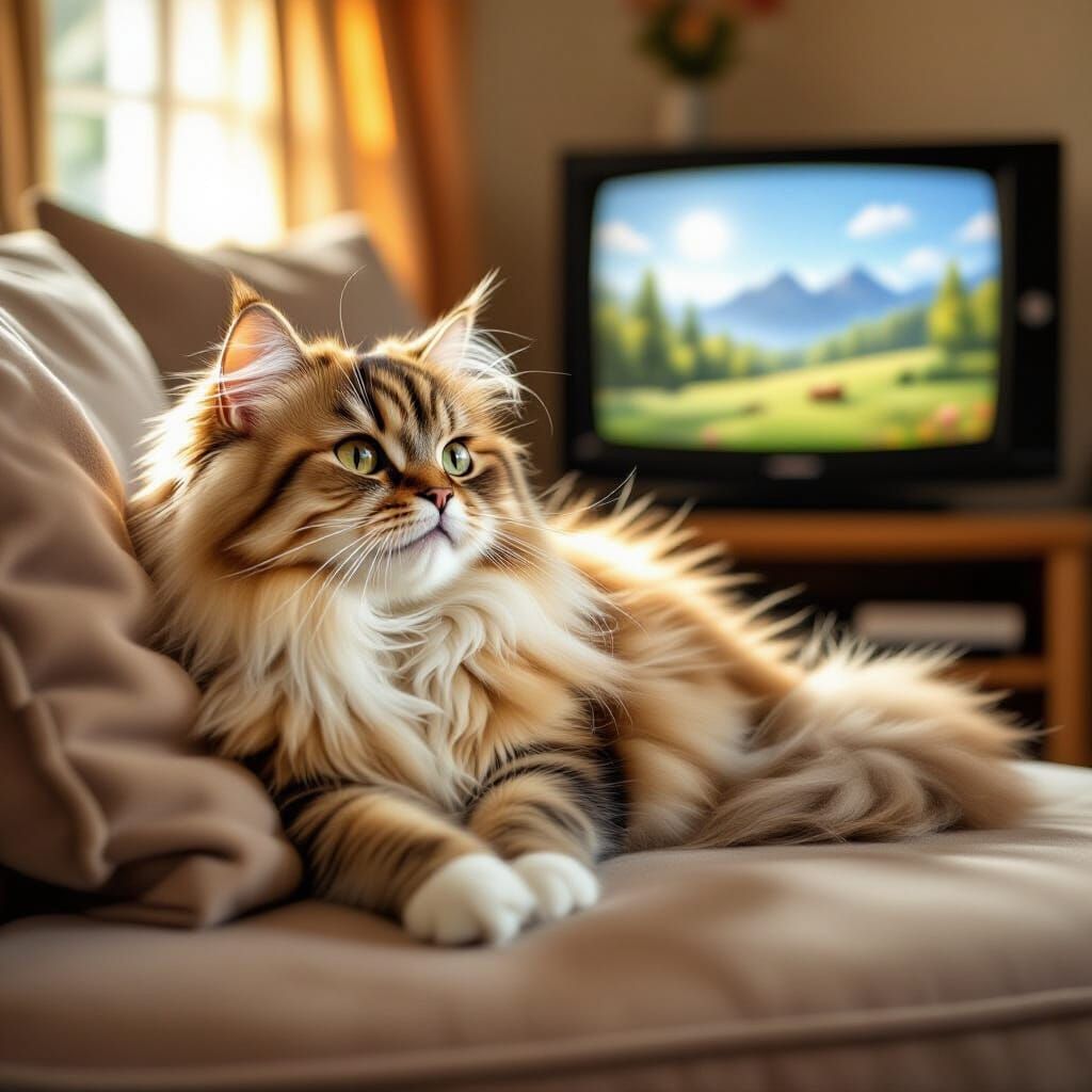 Fluffy Persian Cat Watches TV on Sofa