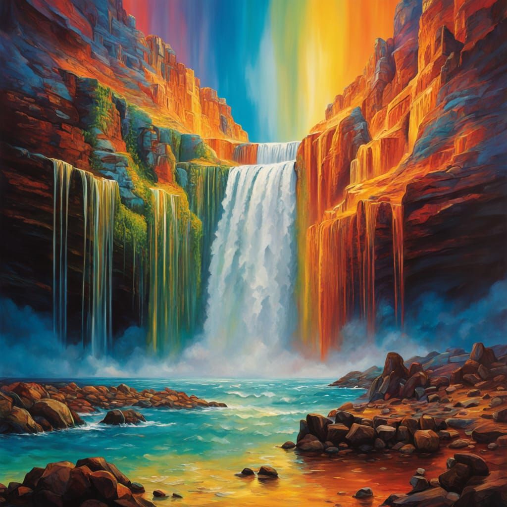 A surreal painting showing a waterfall pouring out from the sky  by @Joseph