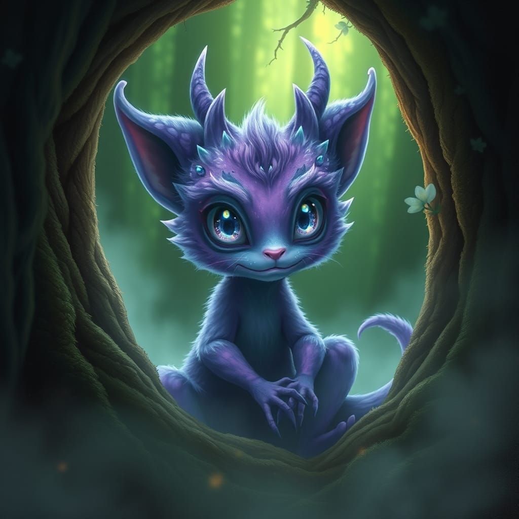 a very cute purple unknown and unlike any other creature, with long soft ears, big beautiful eyes, long fur sits in a hole in the forest