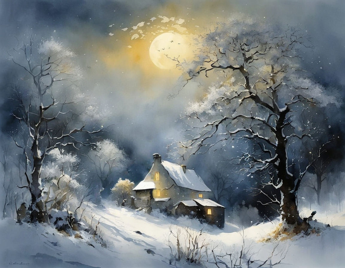 Magical Snowy Winter Night Landscape with Fairy Tale Element...