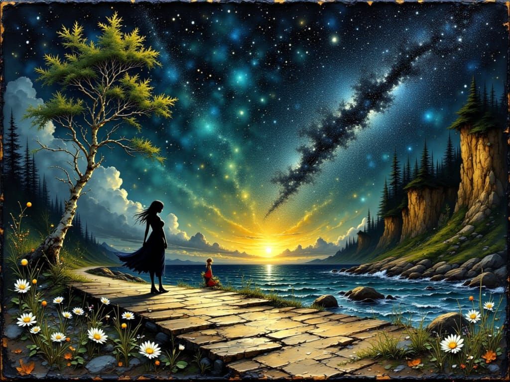 Crying Woman Under Meteor Shower in Gold Style