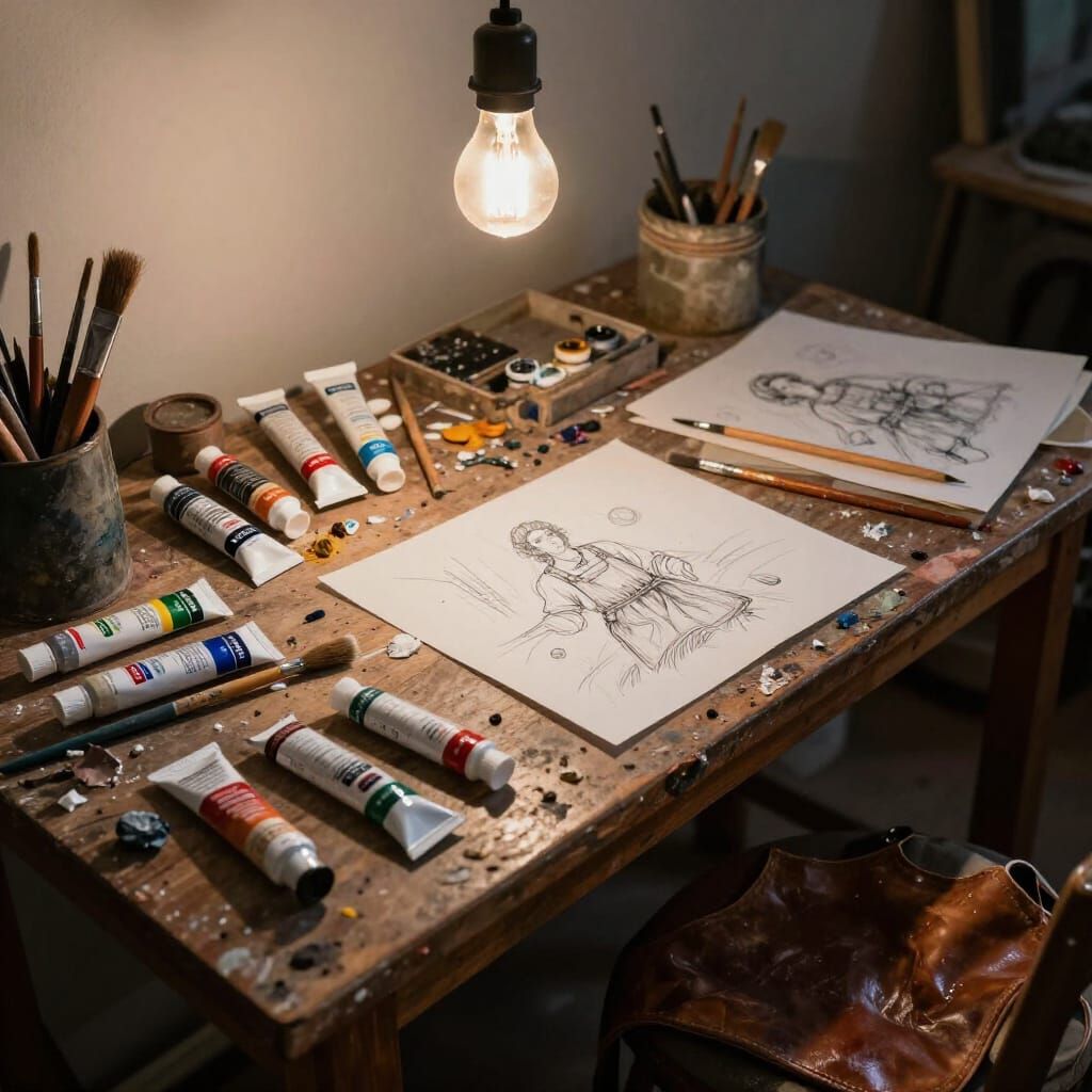 An artist's workbench cluttered with tubes of oil paint, stained brushes, and half-finished sketches. ...  by @Storyteller DC