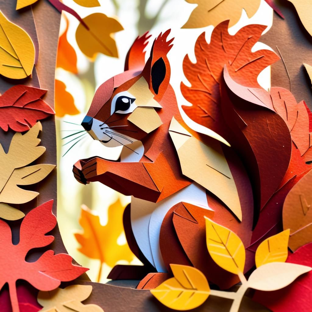 Paper collage art: close up on an autumnal squirrel