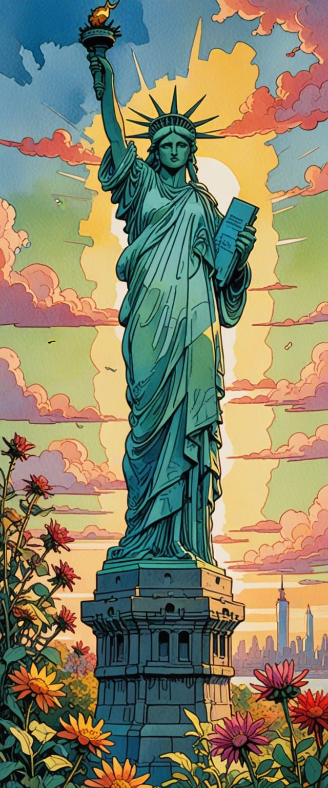 The Statue Of Liberty, light, bright, cheerful, clear early morning sunlight, beautiful sky, plants, flowers, watercolor, gouache, comic boo...