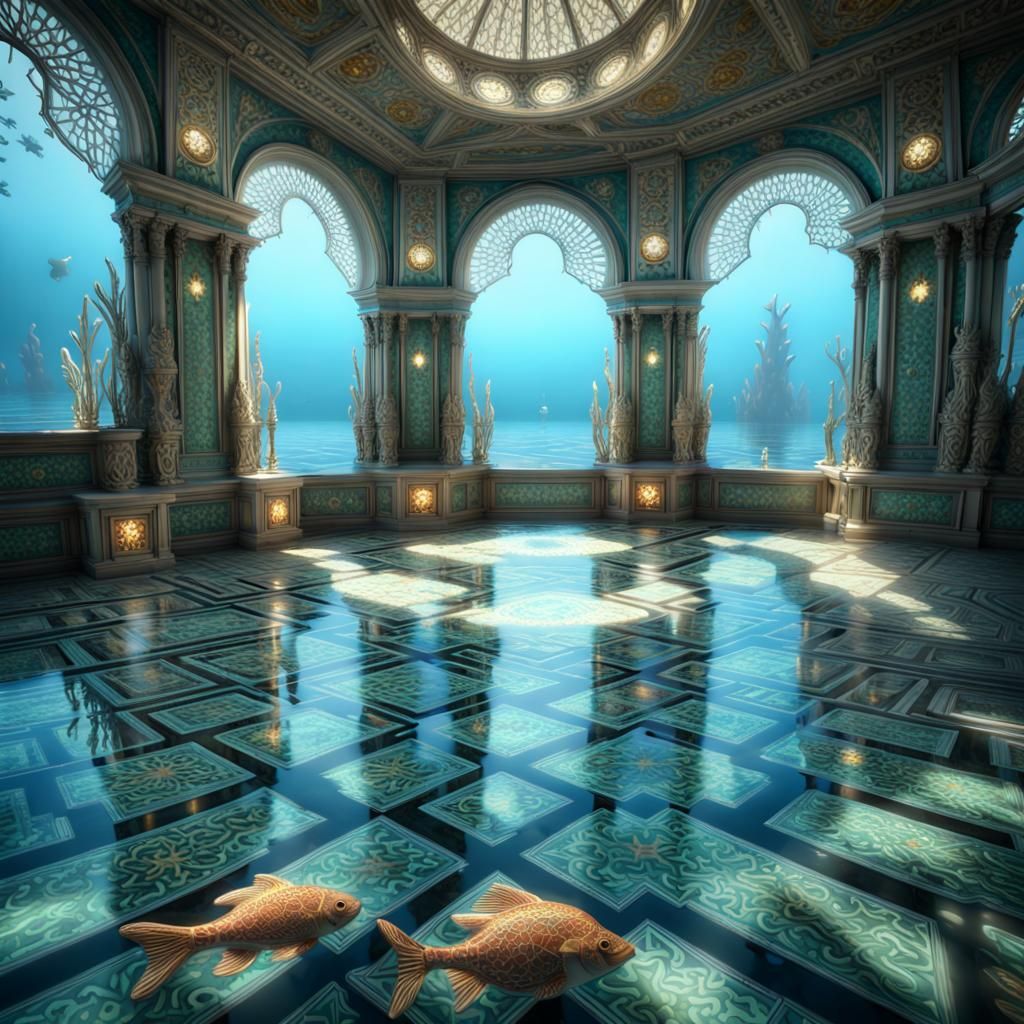 Intricate Mosaic floor in fantasy palace on the bottom of th...