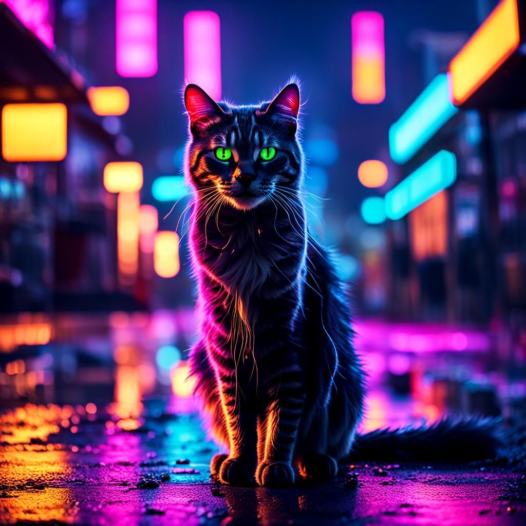 Electric Cat in Cyberpunk Cityscape