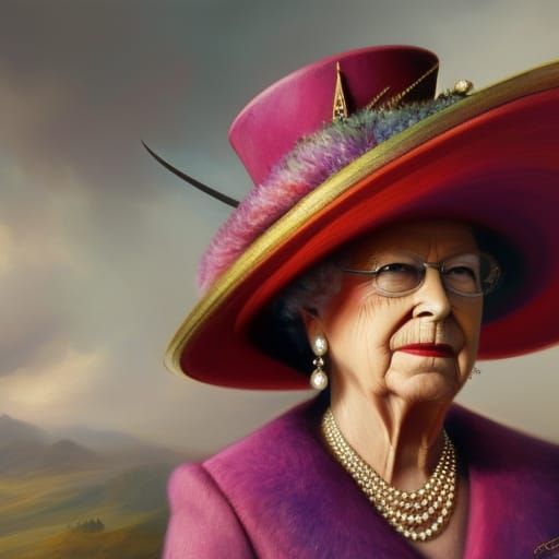 Queen Elizabeth with big hat ; head and shoulders portrait, 8k