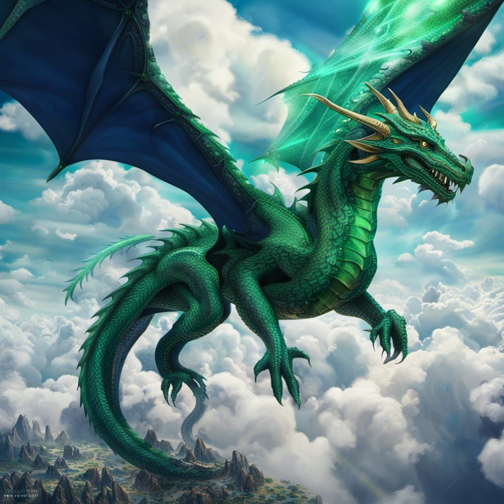 A emerald green dragon flying through a sky made of sapphire in a land ...