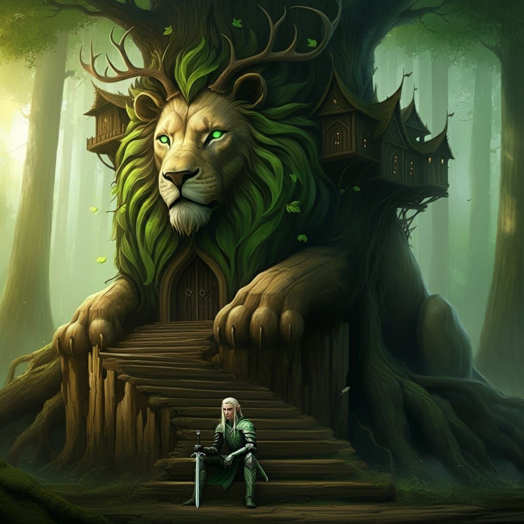 Elf warrior sitting on steps of antler lion tree fort