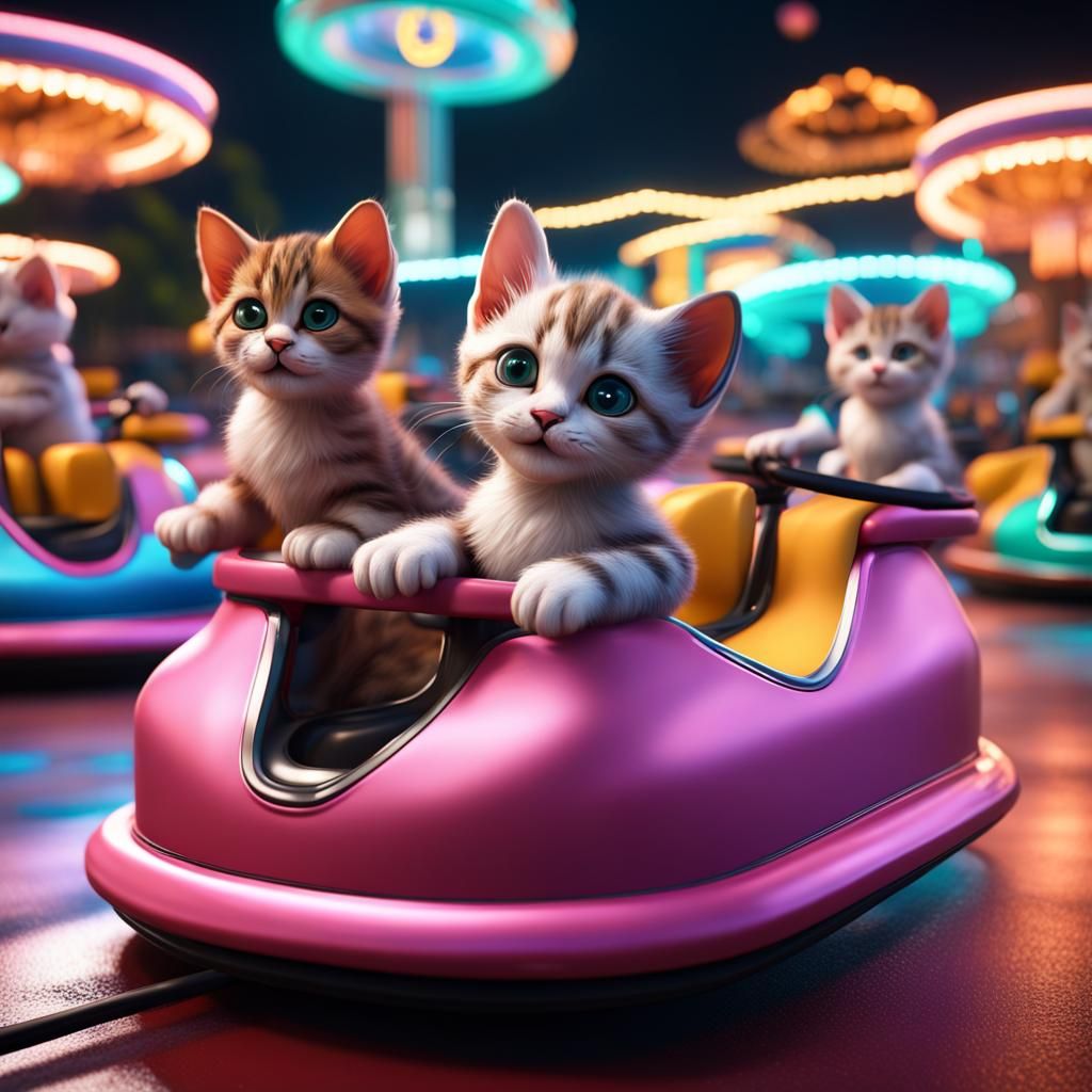 Baby cats at a them park on bumper cars