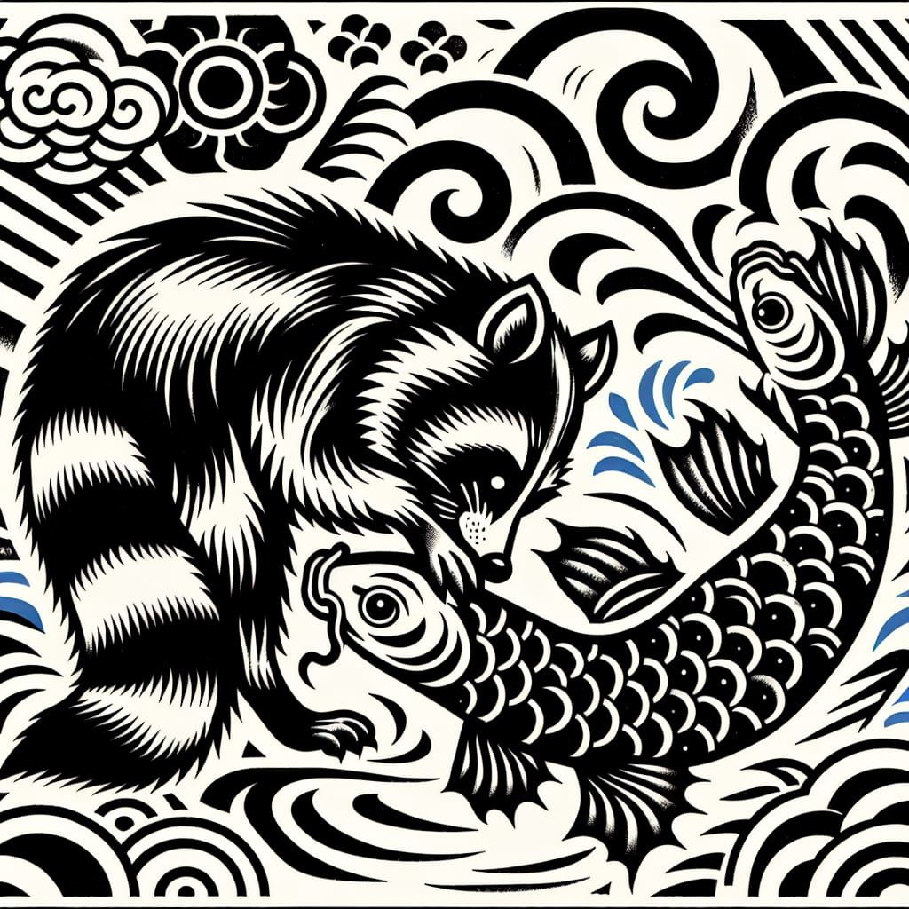 japanese woodcut inspired raccoon catching koi fish. tattoo....